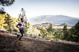Se desarrolla una escena digna de un editorial: una persona corre por un sendero boscoso, con el paisaje montañoso de fondo. El sol ilumina los árboles y las colinas distantes, creando una atmósfera serena y pintoresca.